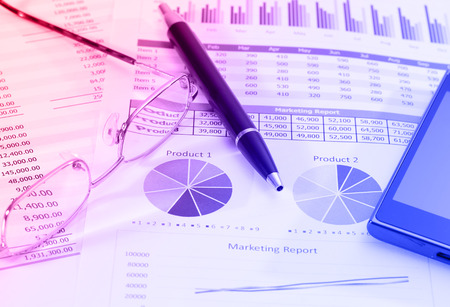closeup image of business and graphic report for business and financeの写真素材