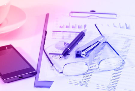 closeup image of business and graphic report for business and financeの写真素材