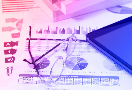 closeup image of business and graphic report for business and financeの写真素材
