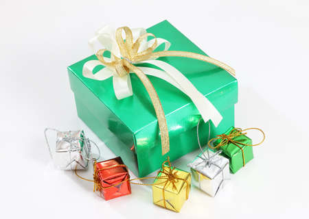 closeup image of green gift and little gift for christmas and celebrationの写真素材