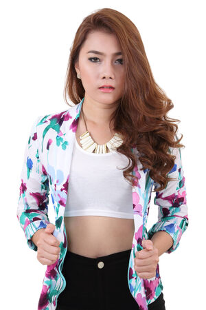 beautiful asian woman and her fashion style white and black pantsの写真素材