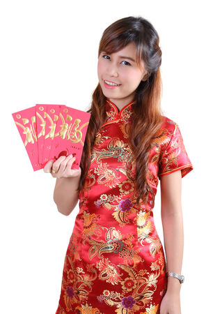 chinese woman happy in chinese traditonal dress on white backgroundの写真素材
