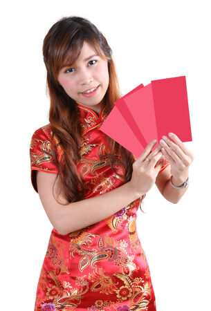 chinese woman happy in chinese traditional dress on white backgroundの写真素材