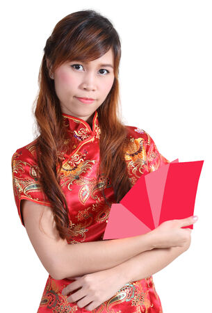 chinese woman happy in chinese traditonal dress on white backgroundの写真素材
