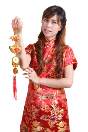 chinese woman happy in chinese traditonal dress on white backgroundの写真素材