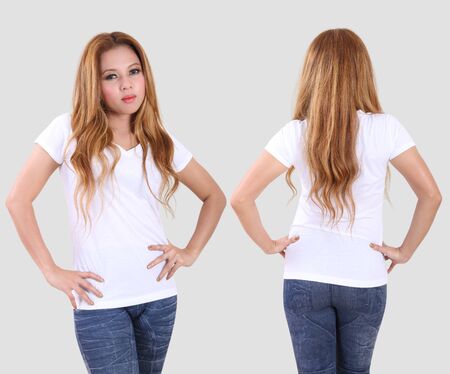 beautiful asian woman in white t-shirt front and back in studioの写真素材