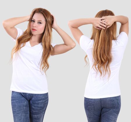 beautiful asian woman in white t-shirt front and back in studioの写真素材