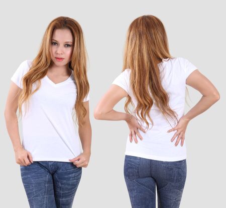 beautiful asian woman in white t-shirt front and back in studioの写真素材