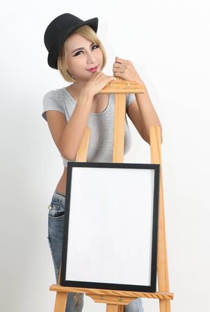 young beautiful asian woman and jeans fashion in studioの写真素材