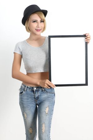 young beautiful asian woman and jeans fashion in studioの写真素材
