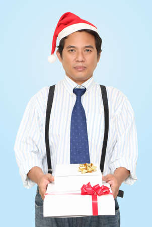 businessman holding gift box white backgroundの写真素材
