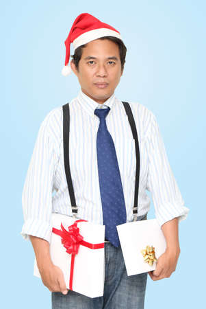 businessman holding gift box white backgroundの写真素材
