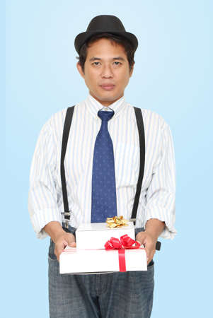 businessman holding gift box white backgroundの写真素材
