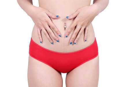 image of woman red bra in studio and white backgroundの写真素材