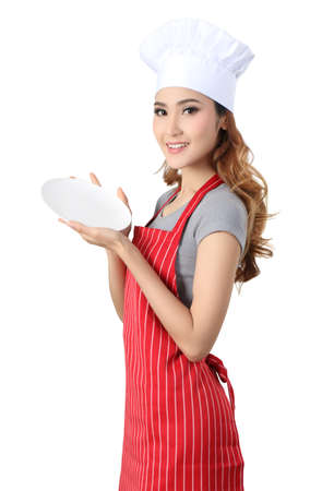 asian woman chef with white hat prepare  cooking and white backgroundの写真素材