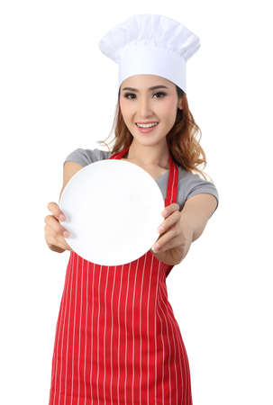 asian woman chef with white hat prepare  cooking and white backgroundの写真素材