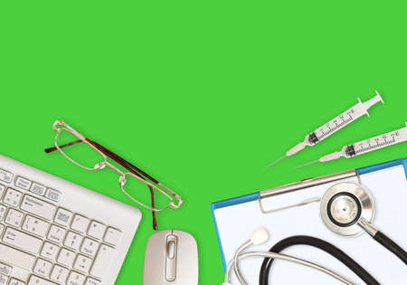 Image of flat lay for medical and health on green backgroundの写真素材