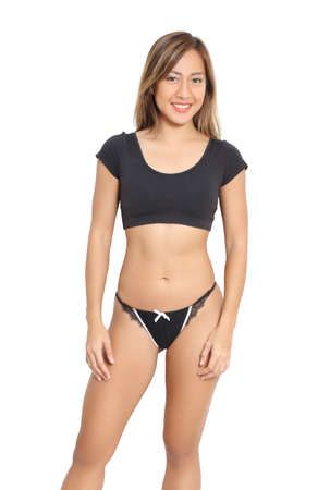 asian woman with black bikini in studio on white backgroundの写真素材