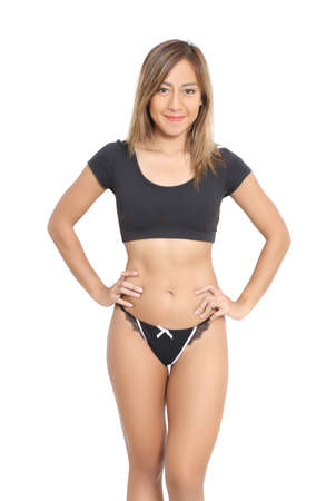 asian woman with black bikini in studio on white backgroundの写真素材