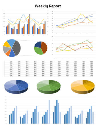 Image of business report with chart and graph on white backgroundの写真素材