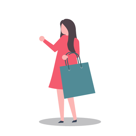 people carrying shopping bags with purchases. Women taking part in seasonal sale at store, shop, mall. Cartoon characters isolated on white background. Flat vector illustration.のイラスト素材