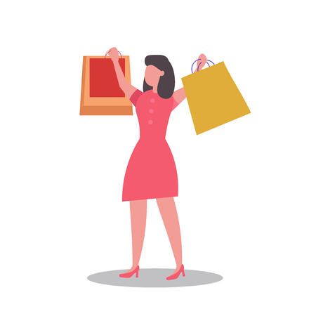 people carrying shopping bags with purchases. Women taking part in seasonal sale at store, shop, mall. Cartoon characters isolated on white background. Flat vector illustration.のイラスト素材
