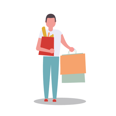 people carrying shopping bags with purchases. Men taking part in seasonal sale at store, shop, mall. Cartoon characters isolated on white background. Flat vector illustration.のイラスト素材