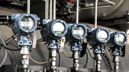 Industrial zone, Steel pipelines, valves and laddersの写真素材