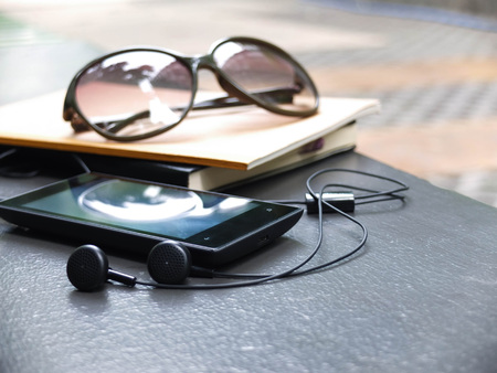 mobile music player in parkの写真素材