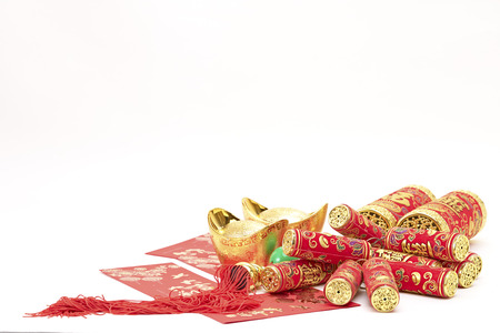 Assorted chinese new year decorations on red backgroundの写真素材