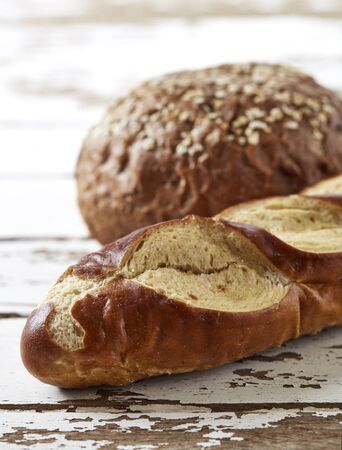 bread and coffee on a white backgroundの写真素材