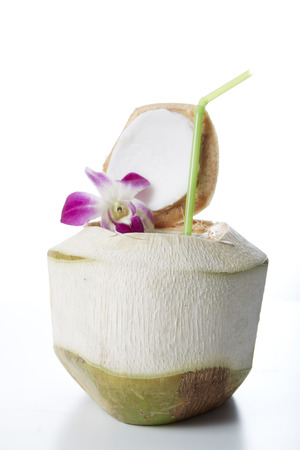 Fresh Coconut Water Drink on white backgroundの写真素材