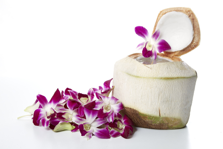 Fresh Coconut Water Drink on white backgroundの写真素材