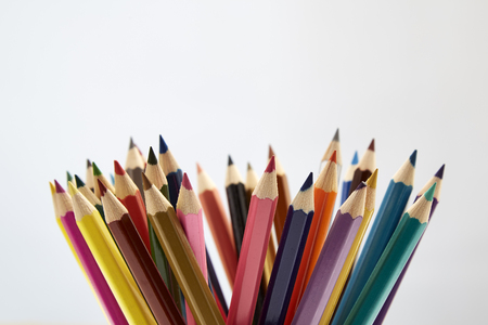 Many different colored pencils on white backgroundの写真素材