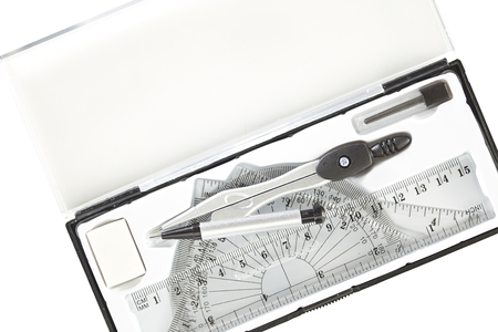 Set of mathematics school tools on squared paperの写真素材