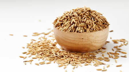 Paddy seeds in wooden bowl on white backgroundの写真素材
