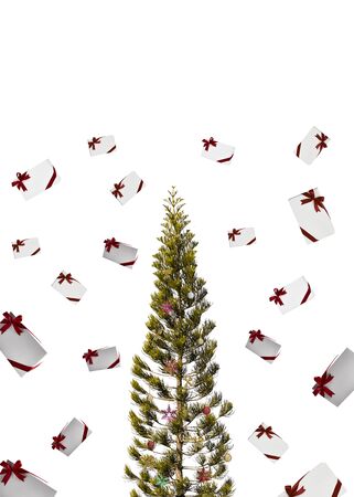 Decorated Christmas tree with patchwork ornament artificial star hearts presents for new year isolated on white backgroundの写真素材