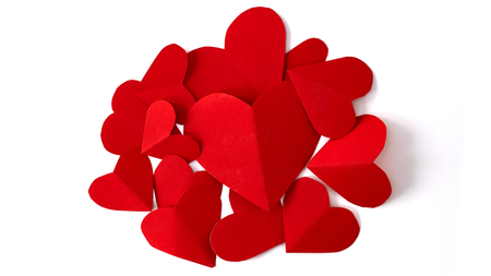 Red paper hearts isolated on white background, Valentines Minimal style, Flat layの写真素材