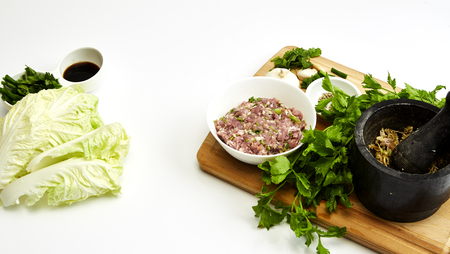 Pork soup With vegetables ingredient white background cooked by clean food concept , Thai food ,Flat lay の写真素材