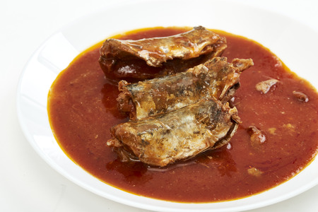 Mackerel in Tomato Sauce on white background