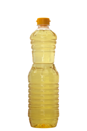 sunflower oil, golden color, in a plastic bottle, on a white background isolated, clipping pathの写真素材