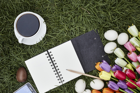 Colorful Tulips with Blank Note. And black coffee Mug Put on the Lawn. Easter, spring concept. Flat lay, top view, copy space.の写真素材
