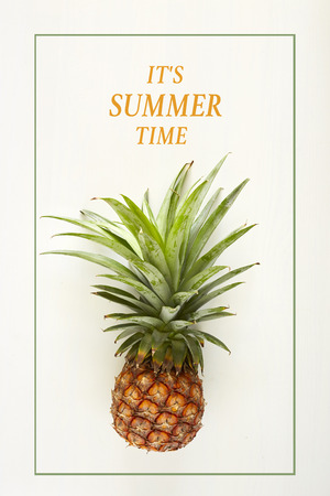 It's Summer time wallpaper, Pineapple white wood texture backgrounds minimal, lay flat の写真素材