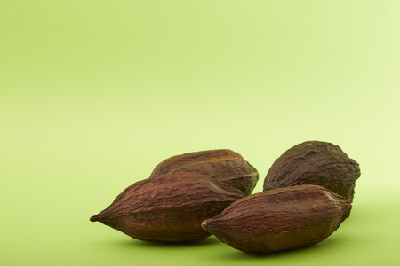 four cocoa pod on green background, Food industryの写真素材