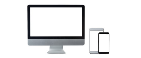 Computer display and mobile phone with blank white screen. Front view. Isolated on white background