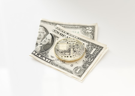 Golden bitcoin on dollar banknote background, modern currency concept