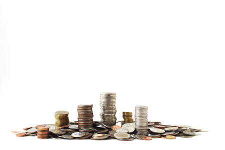 money coins on white background, saving money, business, investment, finance and banking concept,の写真素材