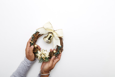 Christmas composition making handmade christmas wreath on white table. Top view, flat layの写真素材