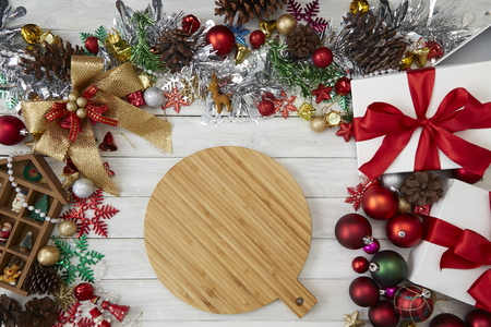 Happy New Year 2019 and Christmas on white wooden background with decoration, gift box, Star shape, baubles and pine tree branches board background,Holidays banner, Flat lay, Top view and Copy Space for your textの写真素材