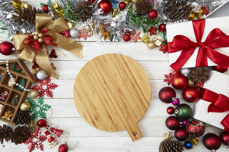 Happy New Year 2019 and Christmas on white wooden background with decoration, gift box, Star shape, baubles and pine tree branches board background,Holidays banner, Flat lay, Top view and Copy Space for your textの写真素材